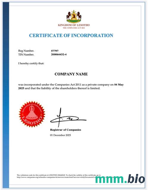 Lesotho vcertyfikat of inkorporacja Word i szablon PDF
